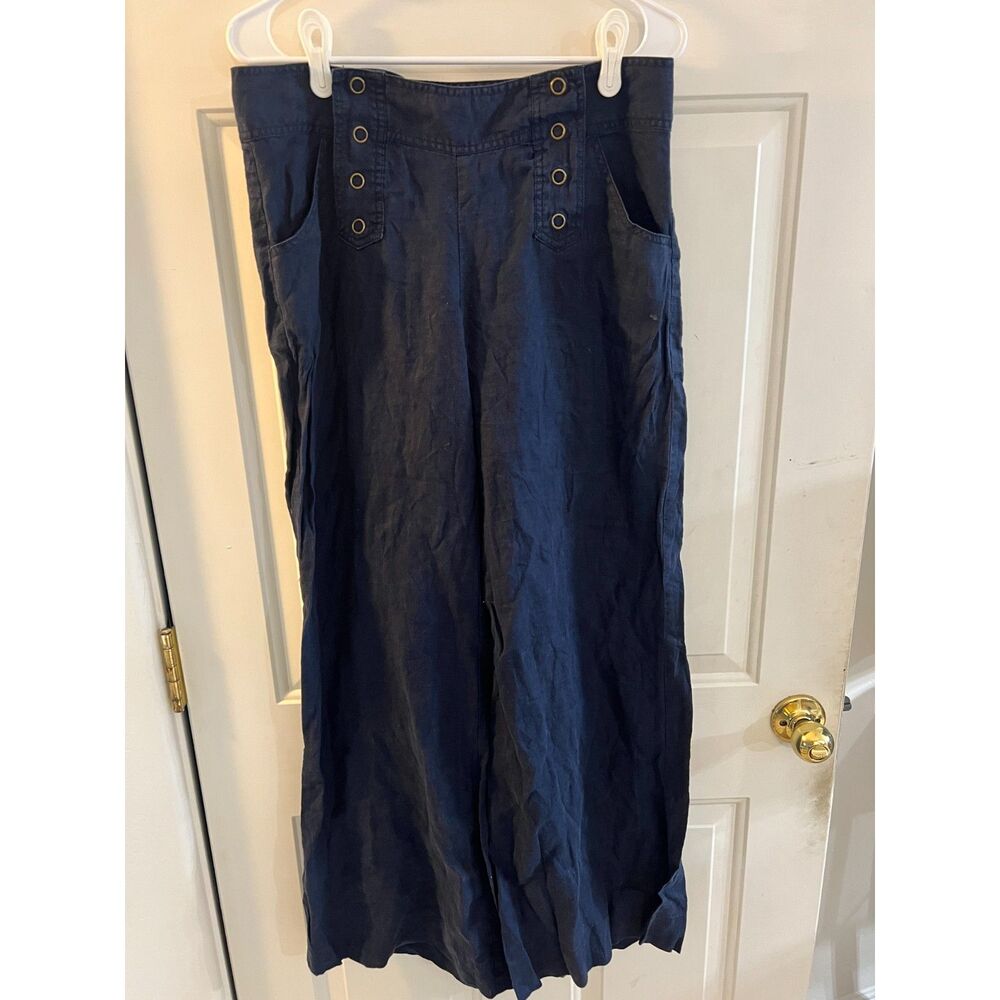 Venus Dark Blue 100% Linen Wide Leg Pants Sailor Button Pockets Navy Size 8